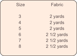           Size                     Fabric             

              3                       2 yards
              4                       2 yards
              5                       2 yards
              6                    2 1/2 yards
              7                    2 1/2 yards
              8                    2 1/2 yards