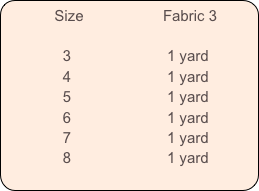           Size                   Fabric 3        

              3                       1 yard
              4                       1 yard
              5                       1 yard
              6                       1 yard
              7                       1 yard
              8                       1 yard