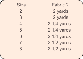           Size                    Fabric 2
              2                        2 yards
              3                        2 yards
              4                    2 1/4 yards
              5                    2 1/4 yards
              6                    2 1/4 yards
              7                    2 1/2 yards
              8                    2 1/2 yards