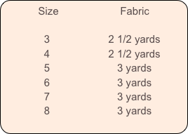           Size                     Fabric 
         
              3                    2 1/2 yards
              4                    2 1/2 yards
              5                       3 yards
              6                       3 yards
              7                       3 yards
              8                       3 yards