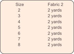           Size                    Fabric 2   
              2                       2 yards
              3                       2 yards
              4                       2 yards
              5                       2 yards
              6                       2 yards
              7                       2 yards
              8                       2 yards