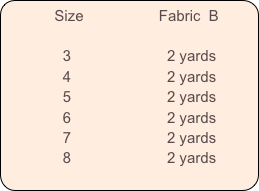           Size                  Fabric  B            

              3                       2 yards
              4                       2 yards
              5                       2 yards
              6                       2 yards
              7                       2 yards
              8                       2 yards