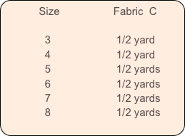           Size                  Fabric  C            

              3                      1/2 yard
              4                      1/2 yard
              5                      1/2 yards
              6                      1/2 yards
              7                      1/2 yards
              8                      1/2 yards