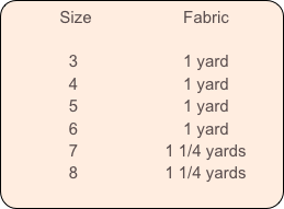           Size                    Fabric             
            
              3                       1 yard
              4                       1 yard
              5                       1 yard
              6                       1 yard
              7                   1 1/4 yards
              8                   1 1/4 yards