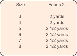           Size                   Fabric 2
            
              3                       2 yards
              4                       2 yards
              5                    2 1/2 yards
              6                    2 1/2 yards
              7                    2 1/2 yards
              8                    2 1/2 yards