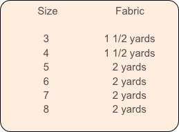           Size                    Fabric              
             
              3                   1 1/2 yards
              4                   1 1/2 yards
              5                      2 yards
              6                      2 yards
              7                      2 yards
              8                      2 yards