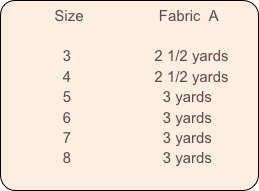           Size                  Fabric  A            

              3                    2 1/2 yards
              4                    2 1/2 yards
              5                      3 yards
              6                      3 yards
              7                      3 yards
              8                      3 yards