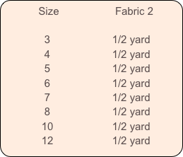           Size                   Fabric 2           

              3                     1/2 yard
              4                     1/2 yard
              5                     1/2 yard
              6                     1/2 yard
              7                     1/2 yard
              8                     1/2 yard
             10                    1/2 yard
             12                    1/2 yard