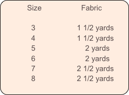           Size                   Fabric            

              3                    1 1/2 yards
              4                    1 1/2 yards
              5                        2 yards
              6                        2 yards
              7                    2 1/2 yards
              8                    2 1/2 yards