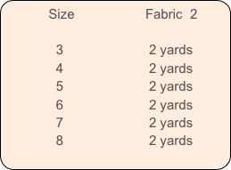           Size                   Fabric  2         

              3                       2 yards
              4                       2 yards
              5                       2 yards
              6                       2 yards
              7                       2 yards
              8                       2 yards