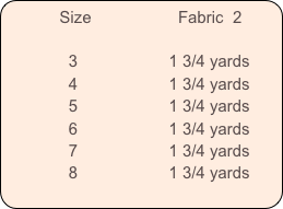           Size                   Fabric  2         

              3                    1 3/4 yards
              4                    1 3/4 yards
              5                    1 3/4 yards
              6                    1 3/4 yards
              7                    1 3/4 yards
              8                    1 3/4 yards