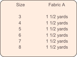           Size                   Fabric A          

              3                    1 1/2 yards
              4                    1 1/2 yards
              5                    1 1/2 yards
              6                    1 1/2 yards
              7                    1 1/2 yards
              8                    1 1/2 yards