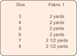           Size                   Fabric 1         

              3                       2 yards
              4                       2 yards
              5                       2 yards
              6                       2 yards
              7                    2 1/2 yards
              8                    2 1/2 yards