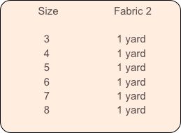           Size                   Fabric 2        

              3                       1 yard
              4                       1 yard
              5                       1 yard
              6                       1 yard
              7                       1 yard
              8                       1 yard