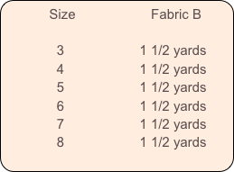           Size                    Fabric B
            
              3                    1 1/2 yards
              4                    1 1/2 yards
              5                    1 1/2 yards
              6                    1 1/2 yards
              7                    1 1/2 yards
              8                    1 1/2 yards