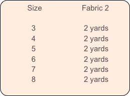          Size                   Fabric 2        

              3                       2 yards
              4                       2 yards
              5                       2 yards
              6                       2 yards
              7                       2 yards
              8                       2 yards