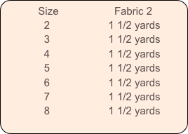          Size                   Fabric 2
              2                    1 1/2 yards
              3                    1 1/2 yards
              4                    1 1/2 yards
              5                    1 1/2 yards
              6                    1 1/2 yards
              7                    1 1/2 yards
              8                    1 1/2 yards
