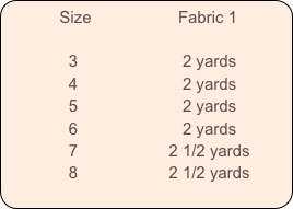           Size                   Fabric 1
         
              3                       2 yards
              4                       2 yards
              5                       2 yards
              6                       2 yards
              7                    2 1/2 yards
              8                    2 1/2 yards